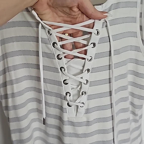 White House Black Market Lace up Sleeveless Top with stripes - Picture 3 of 6